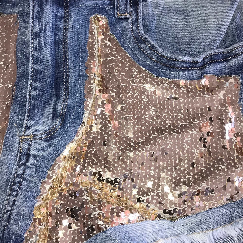 Silver Sequin Denim Shorts  LC Lizette Collection - Picture 7 of 7